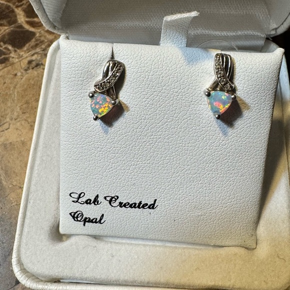 Jewelry - Lab Created Opal Silver Earrings – Green Gemstone Sparkly Studs”